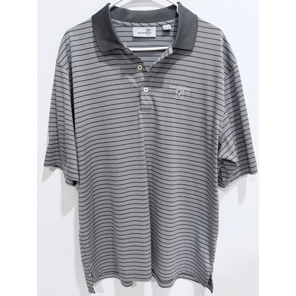 Ashworth Vanderbilt Golf Polo Shirt Mens Large Grey Black Striped
